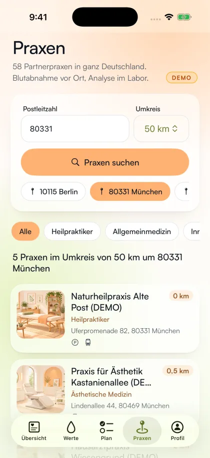 Screen Praxen: Suche nach 80331 im Umkreis von 50 km mit fünf Demo-Praxen in München