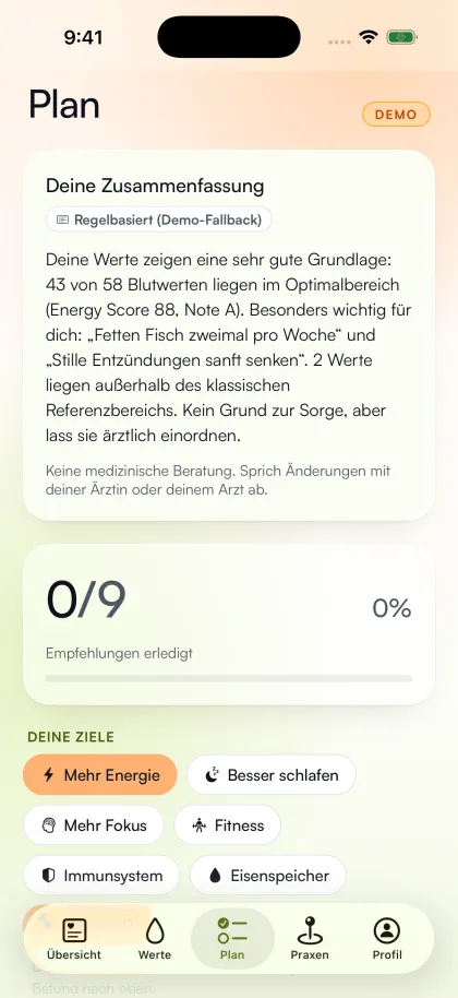 Screen Plan: Zusammenfassung der Werte, 0 von 9 Empfehlungen erledigt und Ziele wie Mehr Energie
