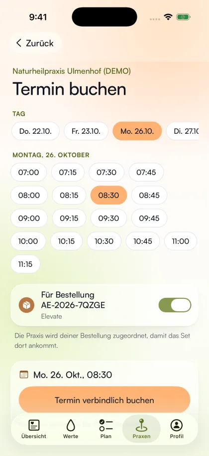 Screen Termin buchen: Montag, 26. Oktober, 08:30 Uhr in der Demo-Praxis Naturheilpraxis Ulmenhof