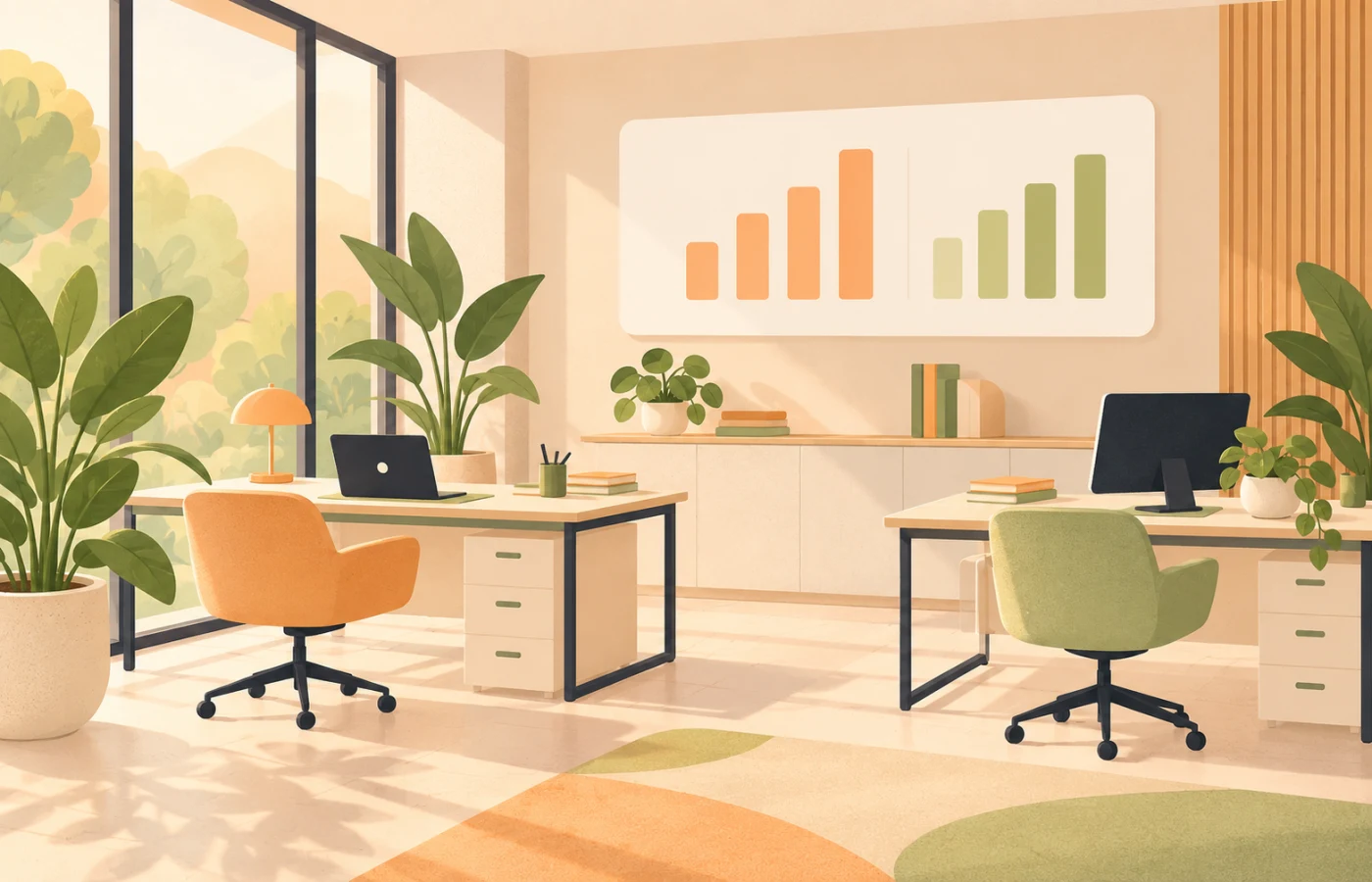 Illustration eines Büros mit Gesundheits-Dashboard an der Wand